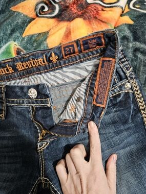 Rock Revival Women’s Dark Blue Denim Jeans with Orange Stitching